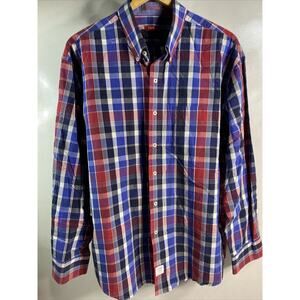 Izod Saltwater Blue & Red Plaid Long Sleeve Button Up Shirt Men's Size XL 46-48